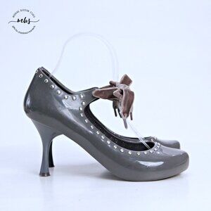 Melissa + Doc Dog Gray Ribbon Tie Stud Heels Gray Silver Women US 8 EU 39